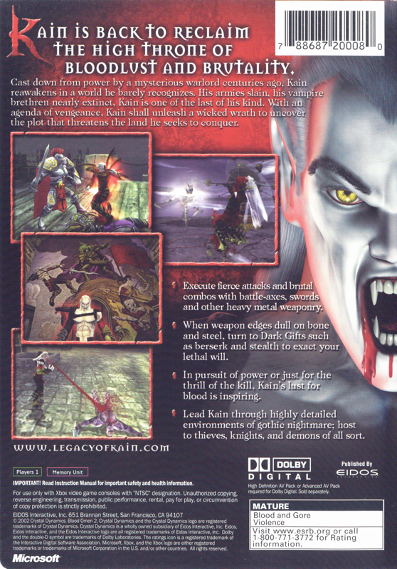 
The Legacy of Kain Series: Blood Omen 2 | Xbox | back cover | Data by MobyGames.com