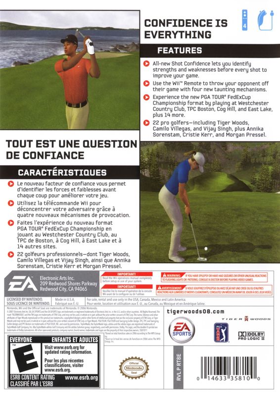 Tiger Woods PGA Tour 08 | Wii | back cover | region=North America | source-country=Canada,Mexico,Other,United States | zypher-v2 | moby-50609234889e | Data by MobyGames.com