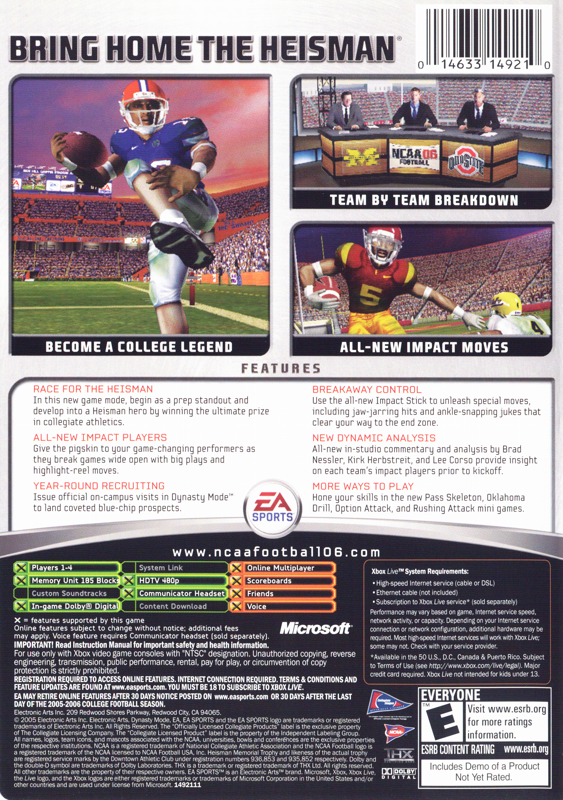 NCAA Football 06 | Xbox | back cover | region=North America | source-country=United States | zypher-v2 | moby-e0d083e018c0 | Data by MobyGames.com