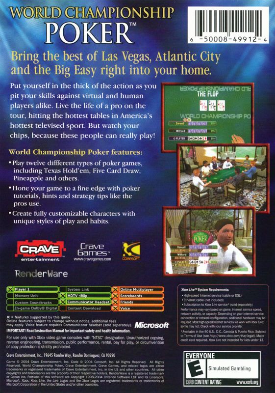 
World Championship Poker | Xbox | back cover | Region: North America | source-country=United States | Data by MobyGames.com