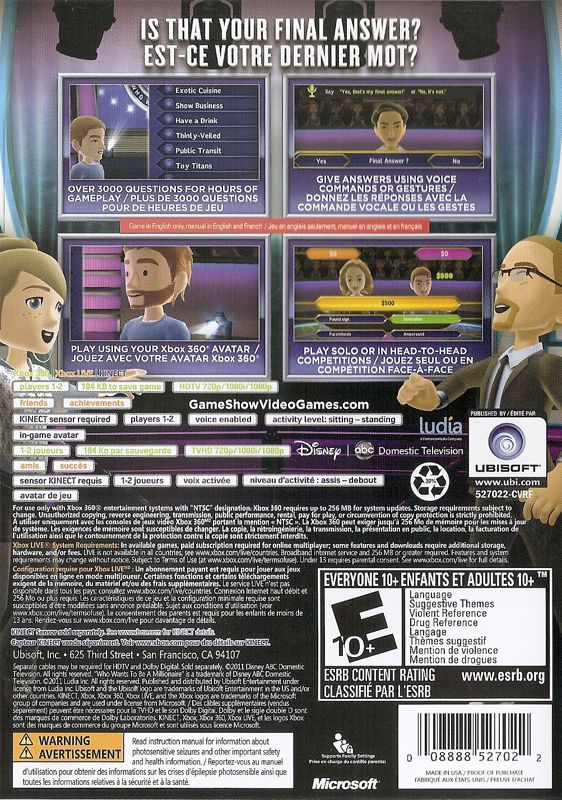 
Who Wants to Be a Millionaire: 2012 Edition | Xbox 360 | back cover | Region: North America | source-country=Canada | Data by MobyGames.com