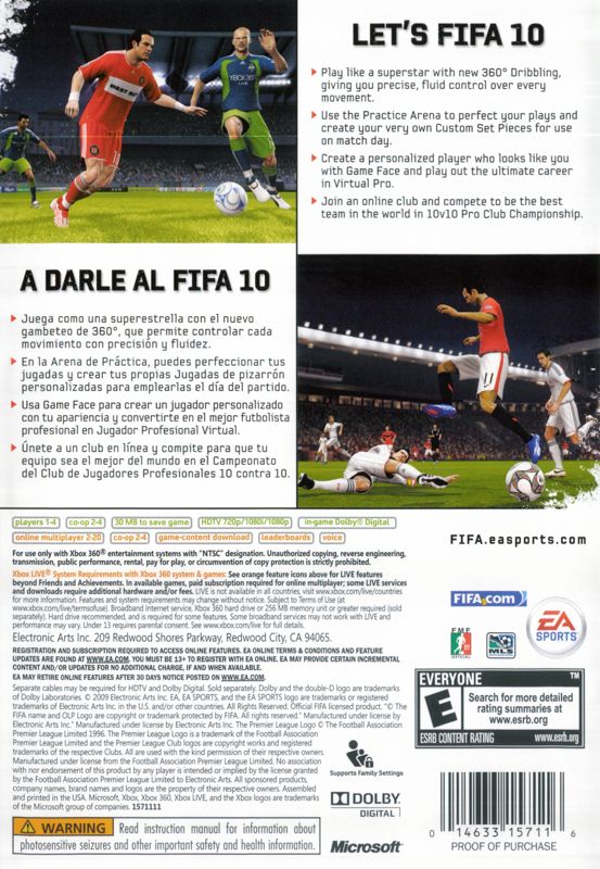 
FIFA Soccer 10 | Xbox 360 | back cover | Region: North America | source-country=Mexico,United States | Data by MobyGames.com