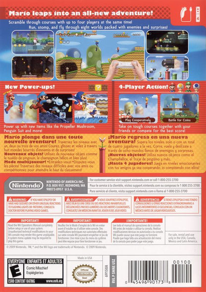 
New Super Mario Bros. Wii | Wii | back cover | Region: North America | source-country=Argentina,Brazil,Canada,Chile,Colombia,Mexico,Other,United States,Uruguay | Data by MobyGames.com