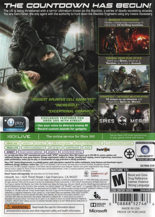 
Tom Clancy's Splinter Cell: Blacklist | Xbox 360 | back cover | Region: North America | source-country=United States | Data by MobyGames.com