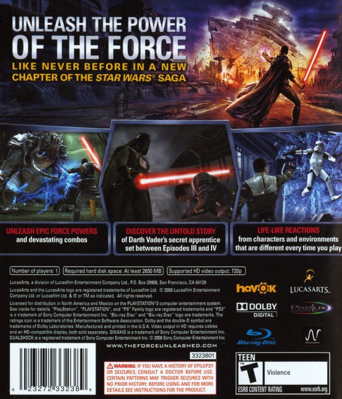 Star Wars: The Force Unleashed | PlayStation 3 | back cover | Data by MobyGames.com