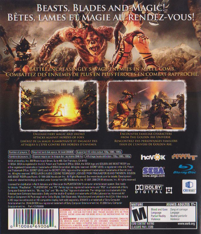 Golden Axe: Beast Rider | PlayStation 3 | back cover | Data by MobyGames.com