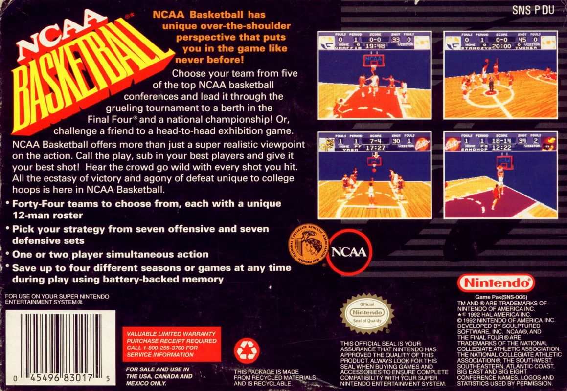 NCAA Basketball | SNES | back cover | region=North America | source-country=Canada,Mexico,United States | zypher-v2 | moby-5bf9b1b58b01 | Data by MobyGames.com