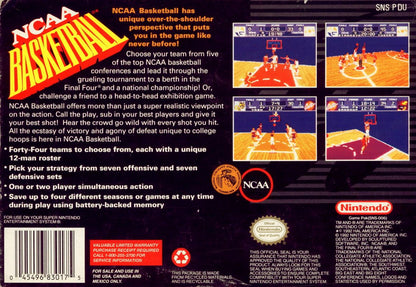 NCAA Basketball | SNES | back cover | region=North America | source-country=Canada,Mexico,United States | zypher-v2 | moby-5bf9b1b58b01 | Data by MobyGames.com
