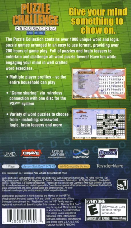 Puzzle Challenge: Crosswords and More! | PSP | back cover | region=North America | source-country=United States | zypher-v2 | moby-ee066d352585 | Data by MobyGames.com