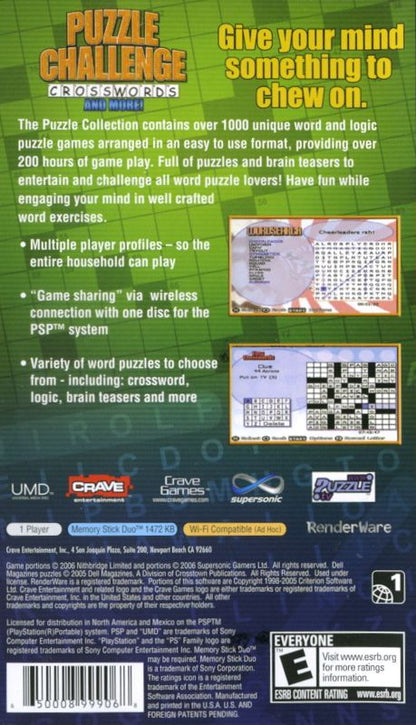 Puzzle Challenge: Crosswords and More! | PSP | back cover | region=North America | source-country=United States | zypher-v2 | moby-ee066d352585 | Data by MobyGames.com