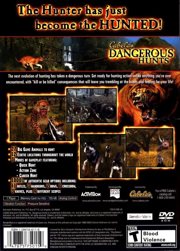 
Cabela's Dangerous Hunts | PlayStation 2 | back cover | Region: North America | source-country=United States | Data by MobyGames.com