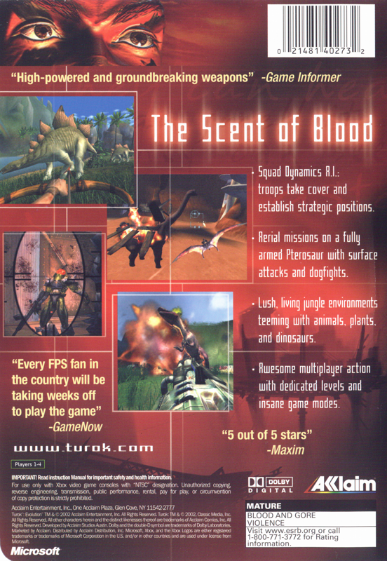 
Turok: Evolution | Xbox | back cover | Region: North America | source-country=Canada,United States | Data by MobyGames.com