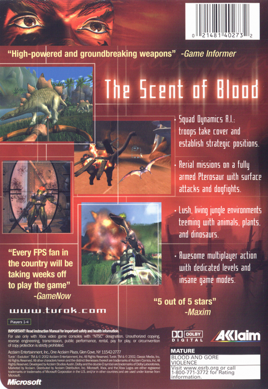 
Turok: Evolution | Xbox | back cover | Region: North America | source-country=Canada,United States | Data by MobyGames.com