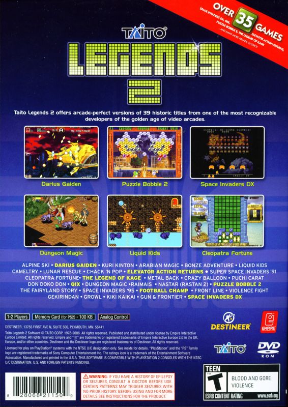 
Taito Legends 2 | PlayStation 2 | back cover | Data by MobyGames.com