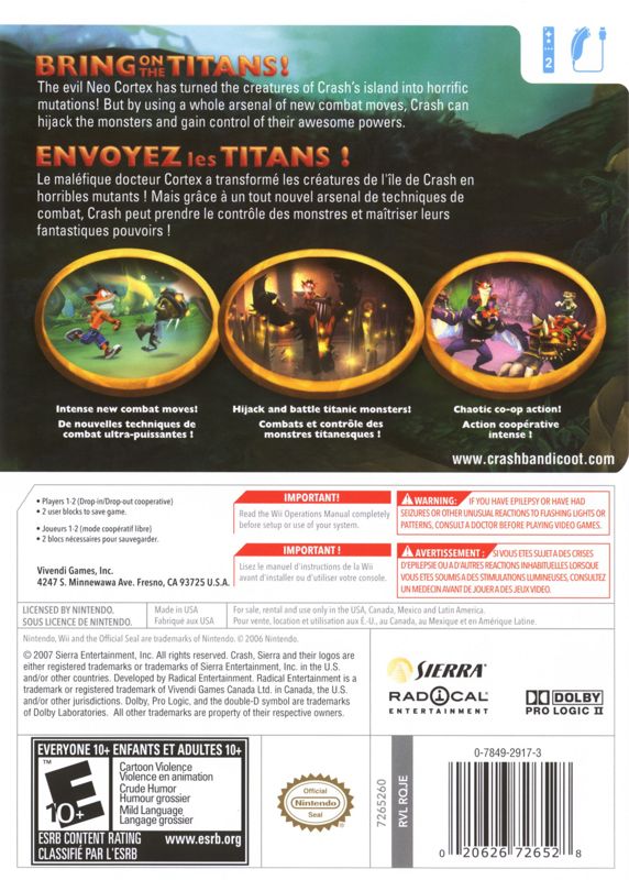 Crash of the Titans | Wii | back cover | region=North America | source-country=Canada,Mexico,Other,United States | zypher-v2 | moby-433e80903f2e | Data by MobyGames.com
