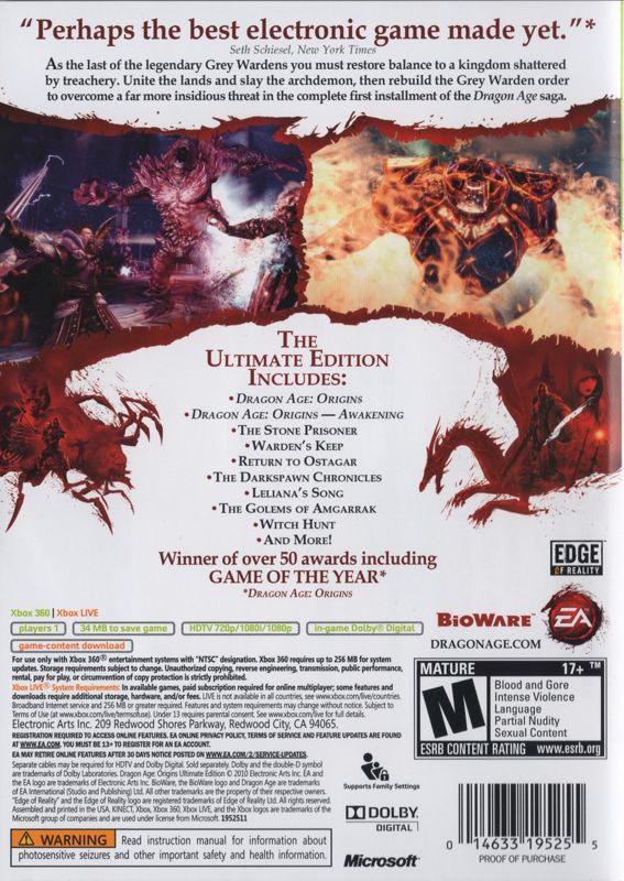 
Dragon Age: Origins - Ultimate Edition | Xbox 360 | back cover | Data by MobyGames.com