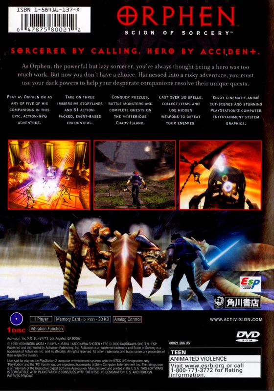 Orphen: Scion of Sorcery | PlayStation 2 | back cover | region=North America | source-country=United States | zypher-v2 | moby-f534ab2771e3 | Data by MobyGames.com