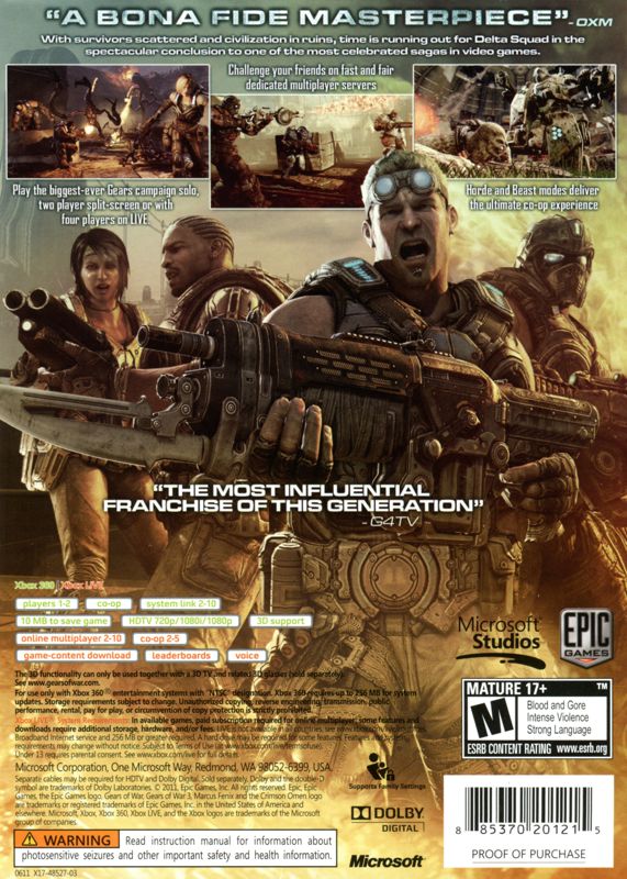 Gears of War 3 | Xbox 360 | back cover | region=North America | source-country=United States | zypher-v2 | moby-5459565db3d7 | Data by MobyGames.com