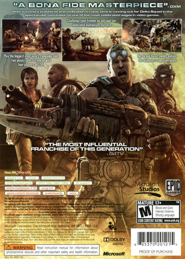 Gears of War 3 | Xbox 360 | back cover | region=North America | source-country=United States | zypher-v2 | moby-5459565db3d7 | Data by MobyGames.com