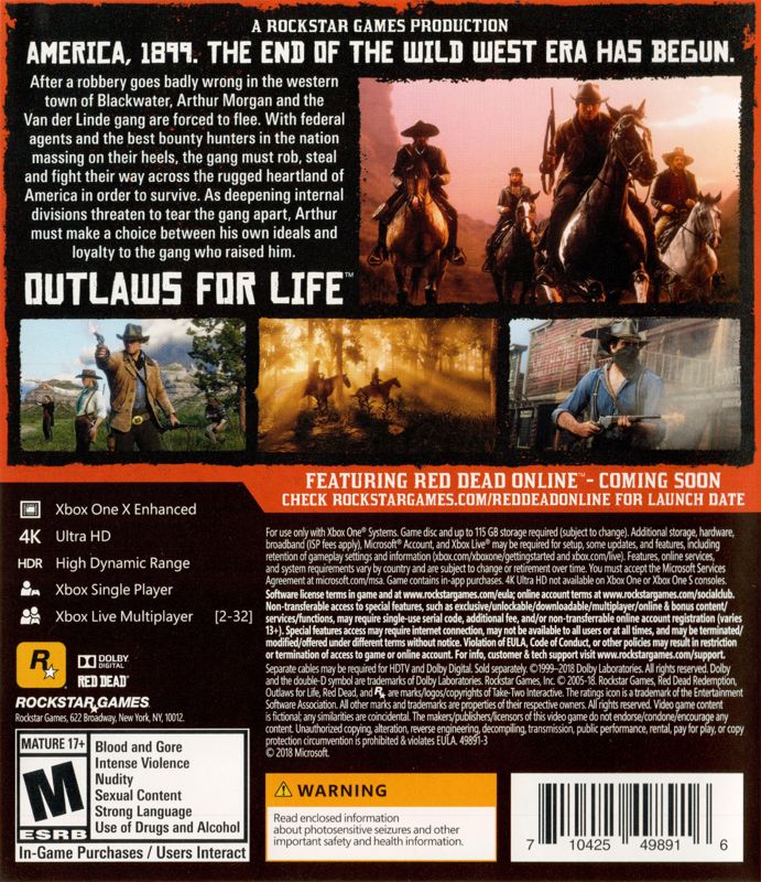 
Red Dead Redemption II | Xbox One | back cover | Region: North America | source-country=United States | Data by MobyGames.com