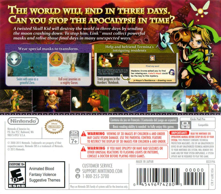 The Legend of Zelda: Majora's Mask 3D | Nintendo 3DS | back cover | region=North America | source-country=United States | zypher-v2 | moby-52244dc3ede1 | Data by MobyGames.com