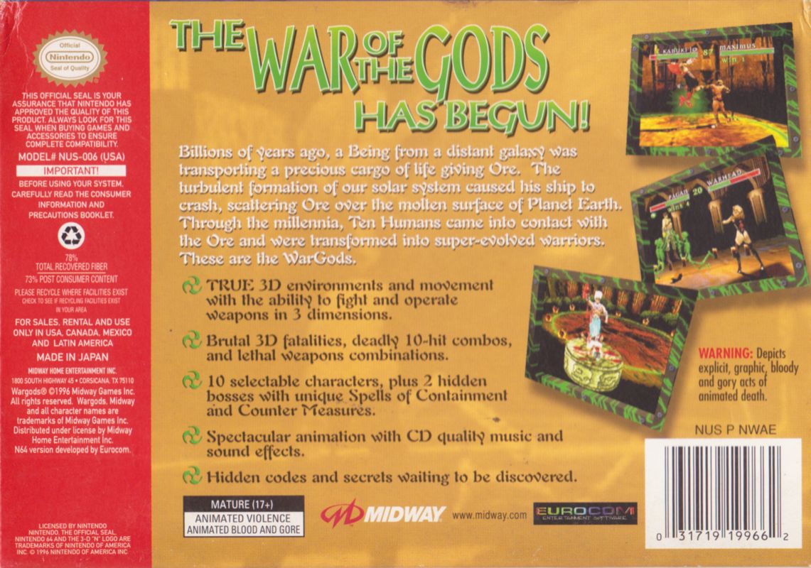 War Gods | Nintendo 64 | back cover | Data by MobyGames.com