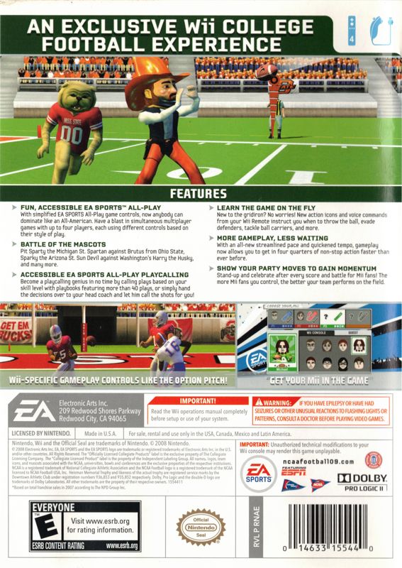 NCAA Football 09 All-Play | Wii | back cover | region=North America | source-country=United States | zypher-v2 | moby-60849dd51a21 | Data by MobyGames.com