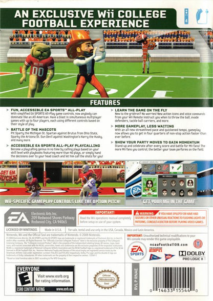 NCAA Football 09 All-Play | Wii | back cover | region=North America | source-country=United States | zypher-v2 | moby-60849dd51a21 | Data by MobyGames.com