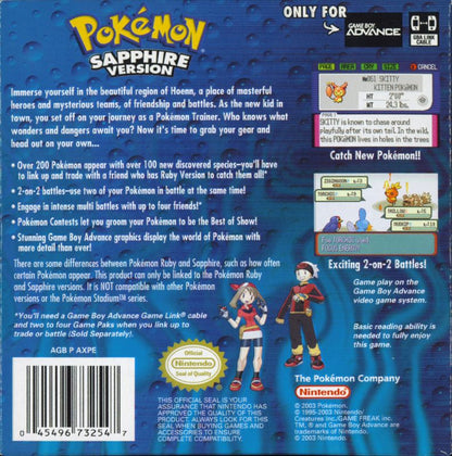 Pokémon Sapphire Version | Game Boy Advance | back cover | region=North America | source-country=United States | zypher-v2 | moby-4bca70d1baab | Data by MobyGames.com