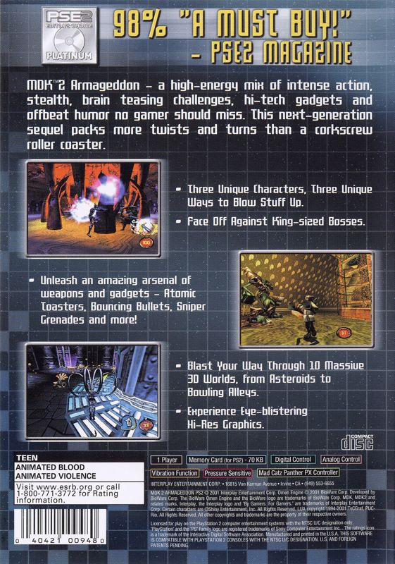 
MDK 2 | PlayStation 2 | back cover | Region: North America | source-country=Canada,United States | Data by MobyGames.com