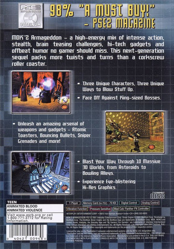 
MDK 2 | PlayStation 2 | back cover | Region: North America | source-country=Canada,United States | Data by MobyGames.com