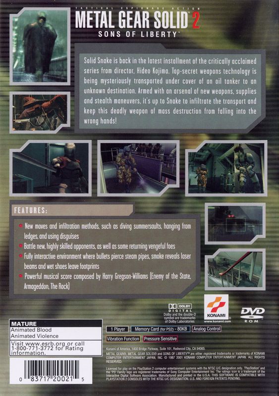 Metal Gear Solid 2: Sons of Liberty | PlayStation 2 | back cover | region=North America | source-country=United States | zypher-v2 | moby-a48b6508b530 | Data by MobyGames.com