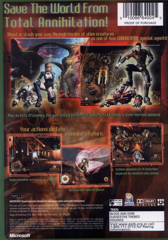 Gunvalkyrie | Xbox | back cover | region=North America | source-country=United States | zypher-v2 | moby-0e5b59c755a9 | Data by MobyGames.com