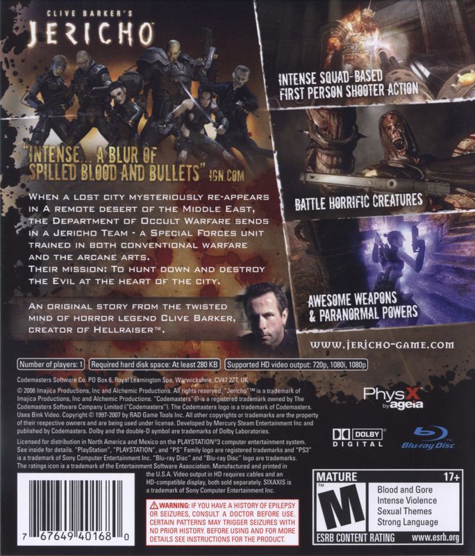 Clive Barker's Jericho | PlayStation 3 | back cover | Data by MobyGames.com