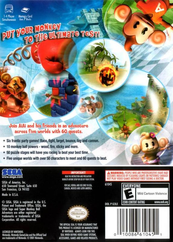 
Super Monkey Ball Adventure | GameCube | back cover | Data by MobyGames.com