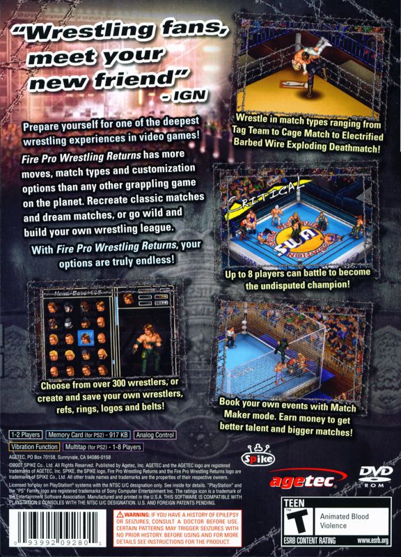 Fire Pro Wrestling Returns | PlayStation 2 | back cover | Data by MobyGames.com