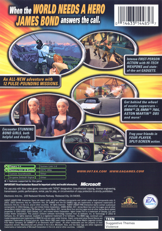007: Agent Under Fire | Xbox | back cover | region=North America | source-country=United States | zypher-v2 | moby-62a422008c21 | Data by MobyGames.com