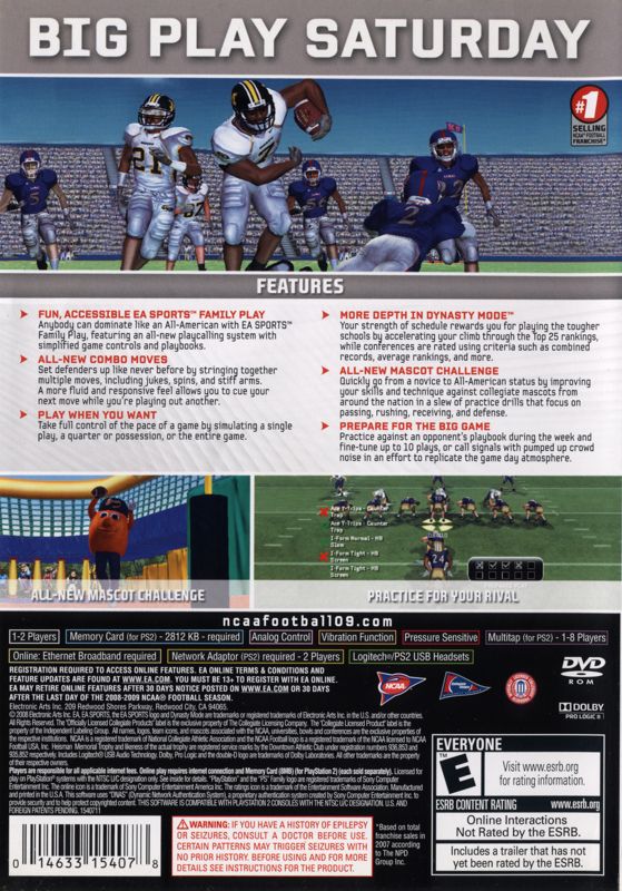 NCAA Football 09 | PlayStation 2 | back cover | region=North America | source-country=United States | zypher-v2 | moby-d1b556aa1b73 | Data by MobyGames.com
