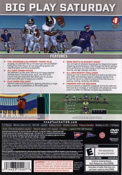 NCAA Football 09 | PlayStation 2 | back cover | region=North America | source-country=United States | zypher-v2 | moby-d1b556aa1b73 | Data by MobyGames.com