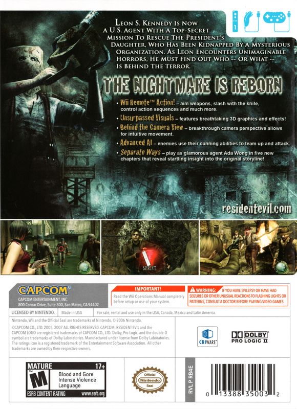 Resident Evil 4 | Wii | back cover | region=North America | source-country=Canada,Mexico,United States | zypher-v2 | moby-304871d30b31 | Data by MobyGames.com