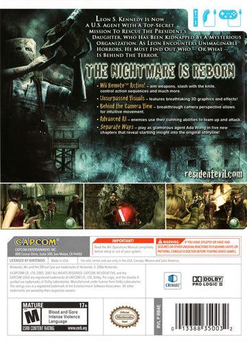 Resident Evil 4 | Wii | back cover | region=North America | source-country=Canada,Mexico,United States | zypher-v2 | moby-304871d30b31 | Data by MobyGames.com