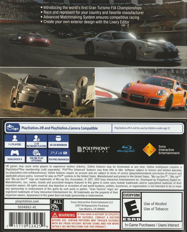 Gran Turismo: Sport | PlayStation 4 | back cover | Data by MobyGames.com