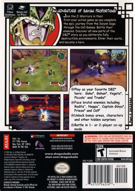 Dragon Ball Z: Sagas | GameCube | back cover | region=North America | source-country=United States | zypher-v2 | moby-146bd011685a | Data by MobyGames.com