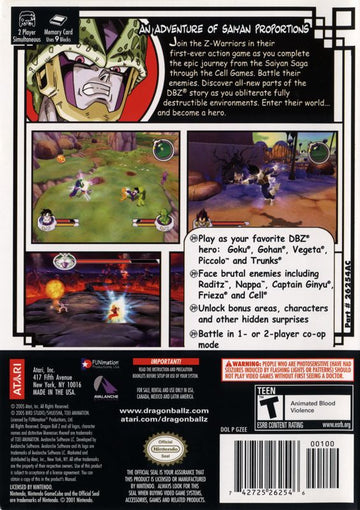 Dragon Ball Z: Sagas | GameCube | back cover | region=North America | source-country=United States | zypher-v2 | moby-146bd011685a | Data by MobyGames.com