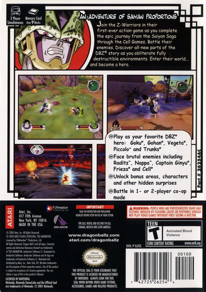 Dragon Ball Z: Sagas | GameCube | back cover | region=North America | source-country=United States | zypher-v2 | moby-146bd011685a | Data by MobyGames.com