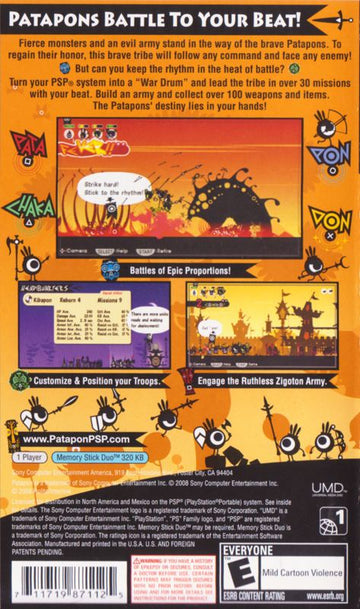 Patapon | PSP | back cover | region=North America | source-country=United States | zypher-v2 | moby-cc2b550dcc70 | Data by MobyGames.com