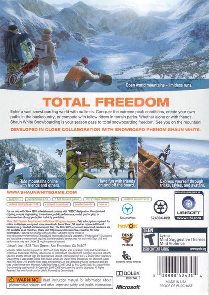 Shaun White Snowboarding | Xbox 360 | back cover | region=North America | source-country=United States | zypher-v2 | moby-c9f326a4c89a | Data by MobyGames.com