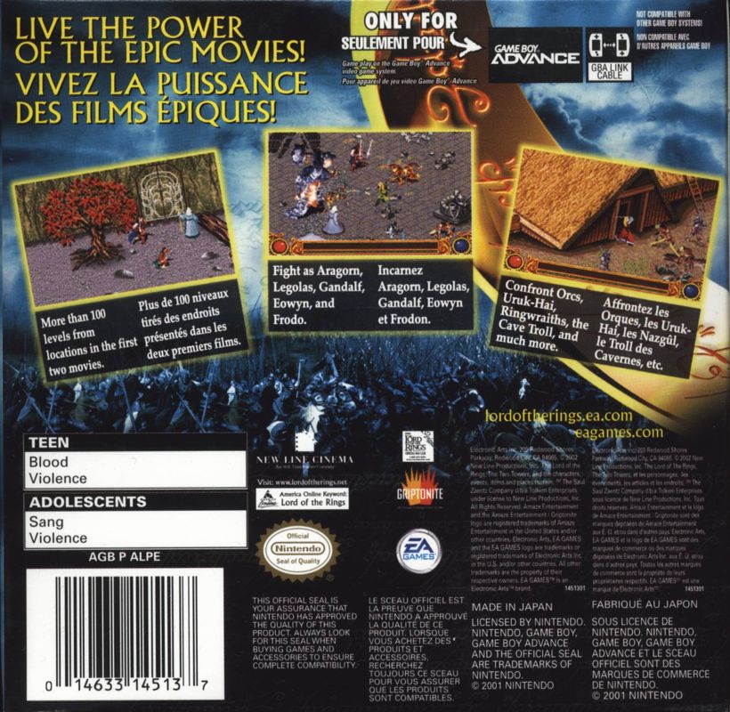 
The Lord of the Rings: The Two Towers | Game Boy Advance | back cover | Data by MobyGames.com