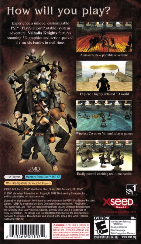 Valhalla Knights | PSP | back cover | region=North America | source-country=United States | zypher-v2 | moby-1ac3b2e30272 | Data by MobyGames.com