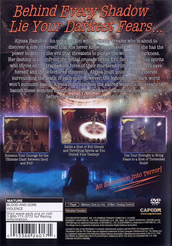 Clock Tower 3 | PlayStation 2 | back cover | region=North America | source-country=Canada,United States | zypher-v2 | moby-d5521fc54d0f | Data by MobyGames.com